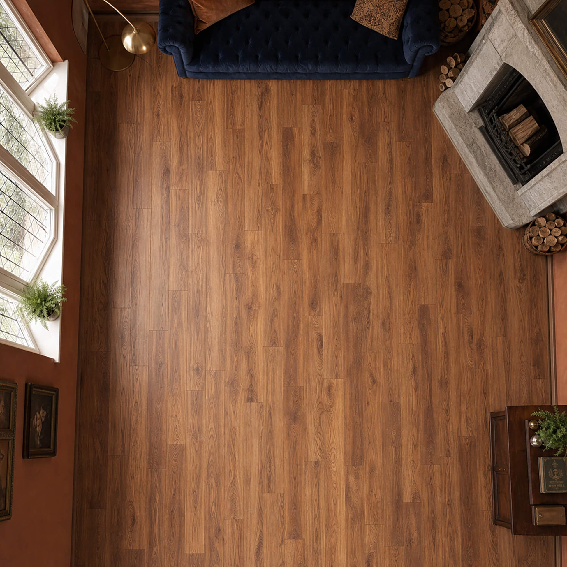Elevated view of Appalachian Hickory laminate flooring in a living room setting.