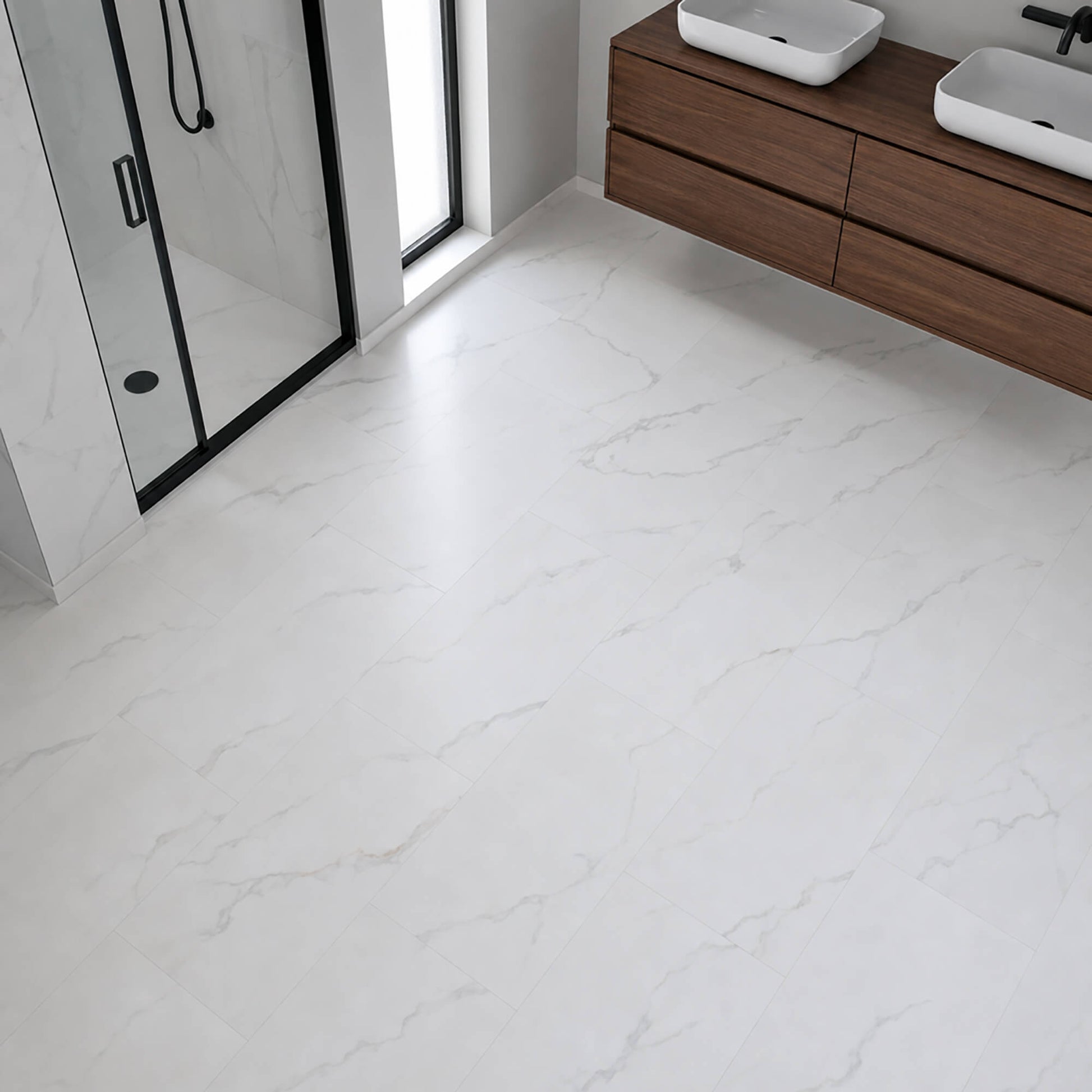 A modern bathroom with Bianco Marble Rigid LVT Flooring with shower and wooden vanity units.