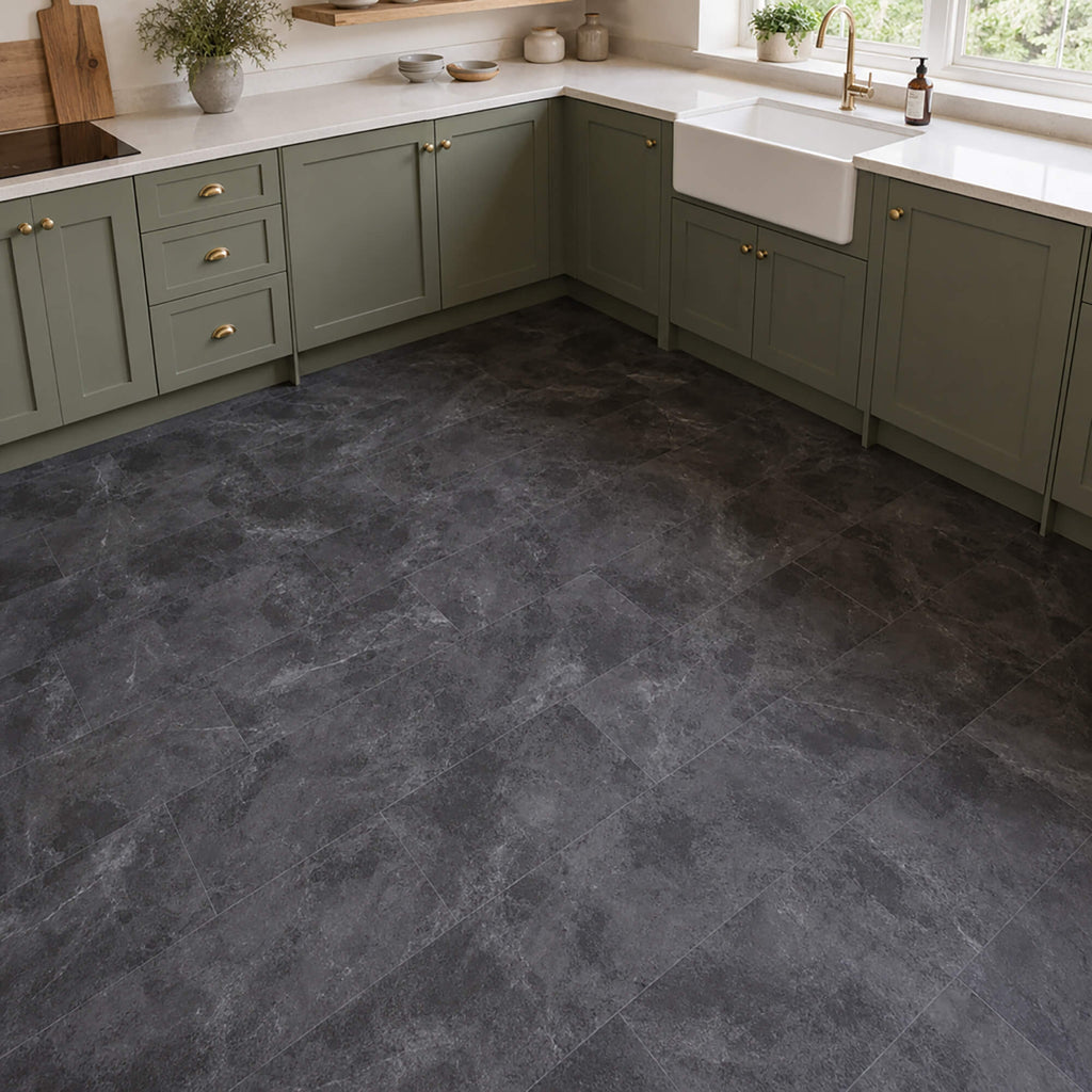 Black Slate Rigid LVT floor tiles in a kitchen setting.