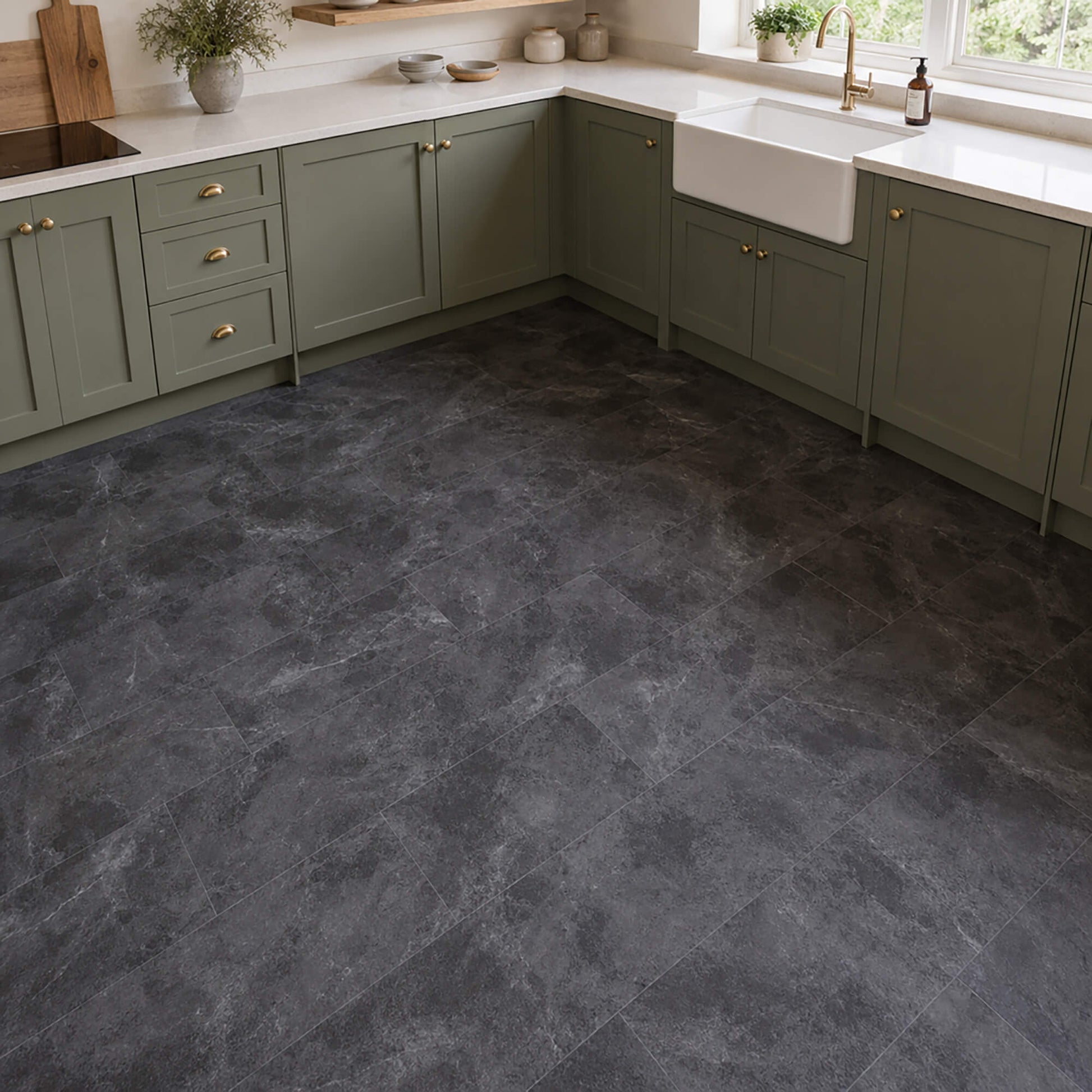 Black Slate Rigid LVT floor tiles in a kitchen setting.
