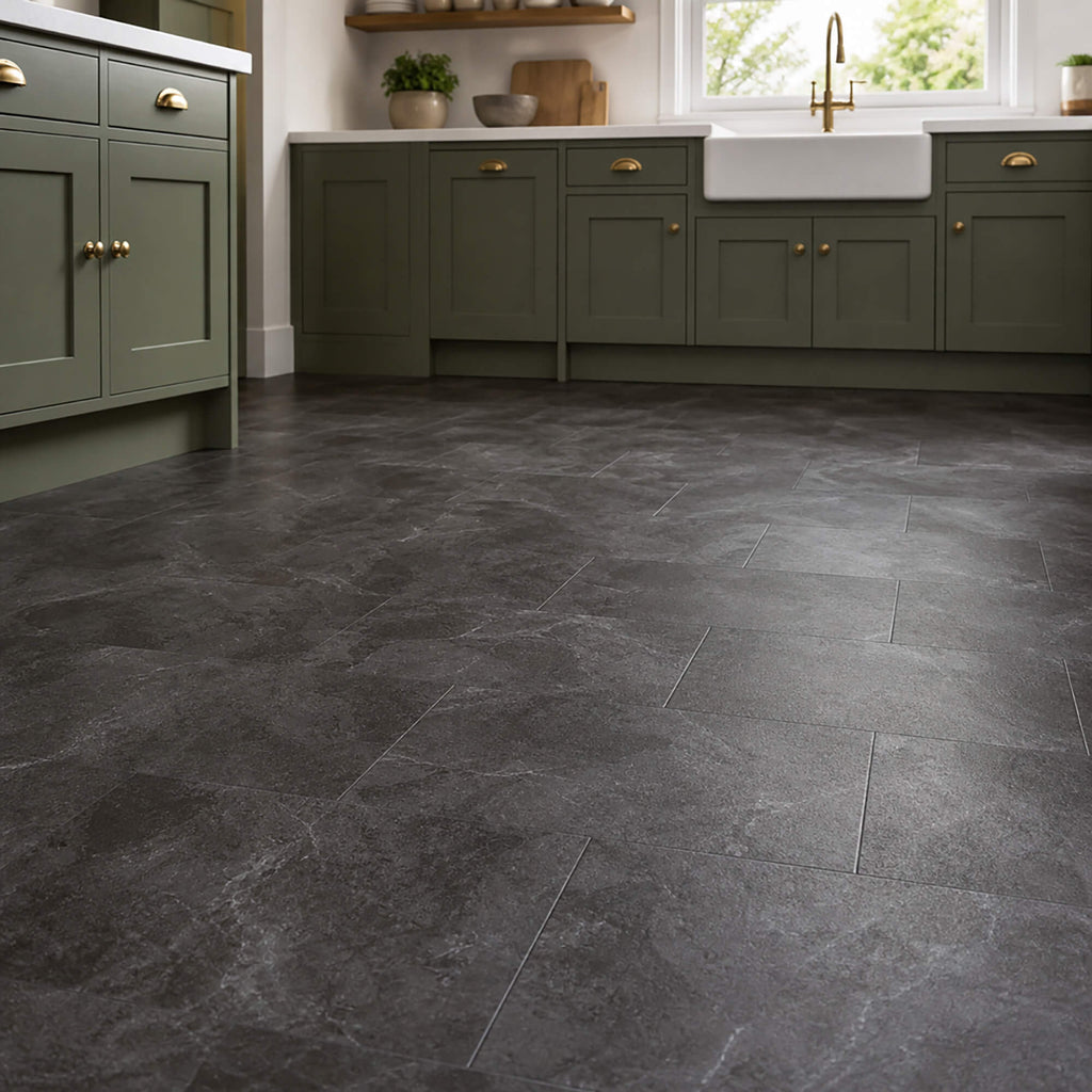 Black Slate Rigid LVT Floor Tiles in a home kitchen setting.