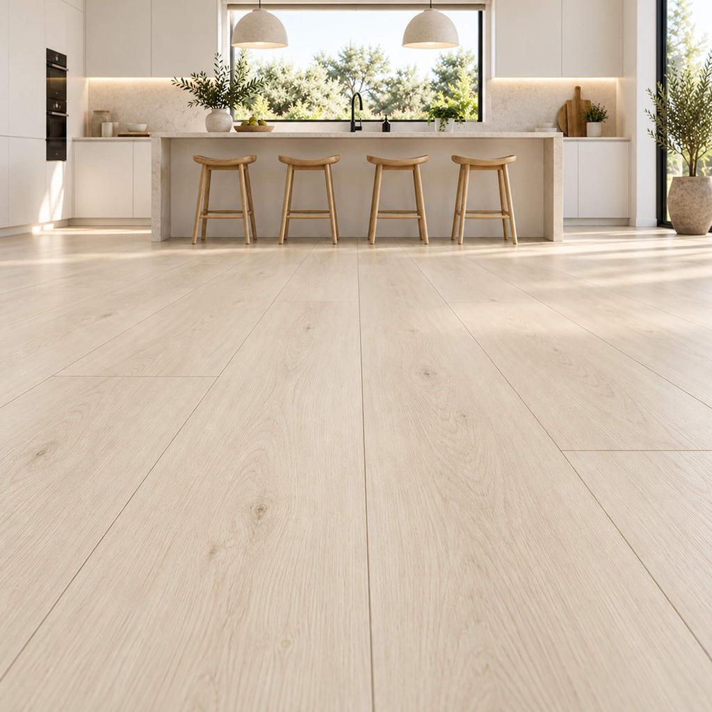 Bleached Oak Rigid LVT plank flooring in an interior kitchen setting.