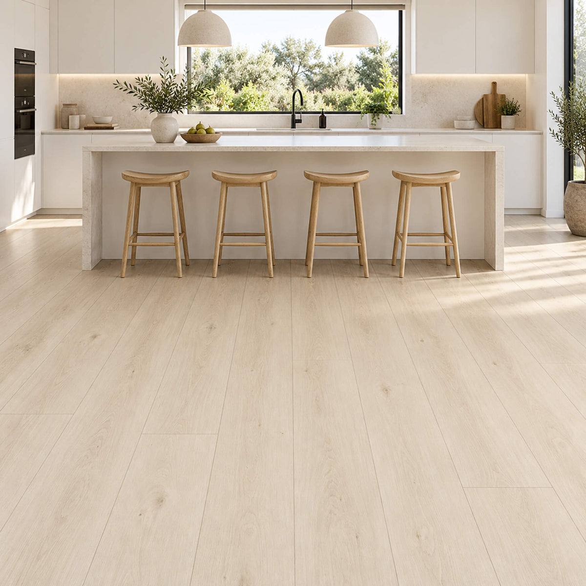 Bleached Oak Rigid LVT plank flooring in an interior kitchen setting.