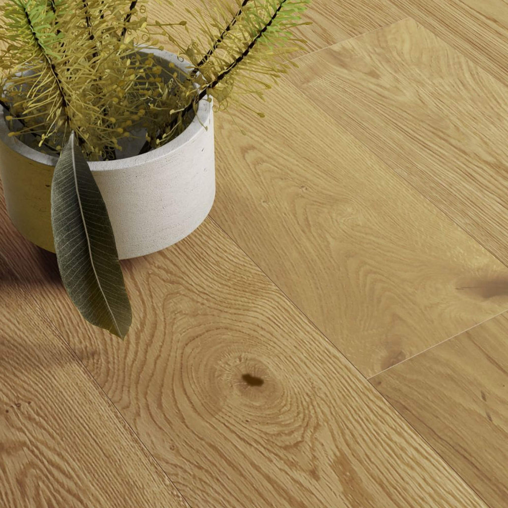 Close-up of Character Oak Matt Lacquered Engineered Wood Flooring with a potted plant on it.
