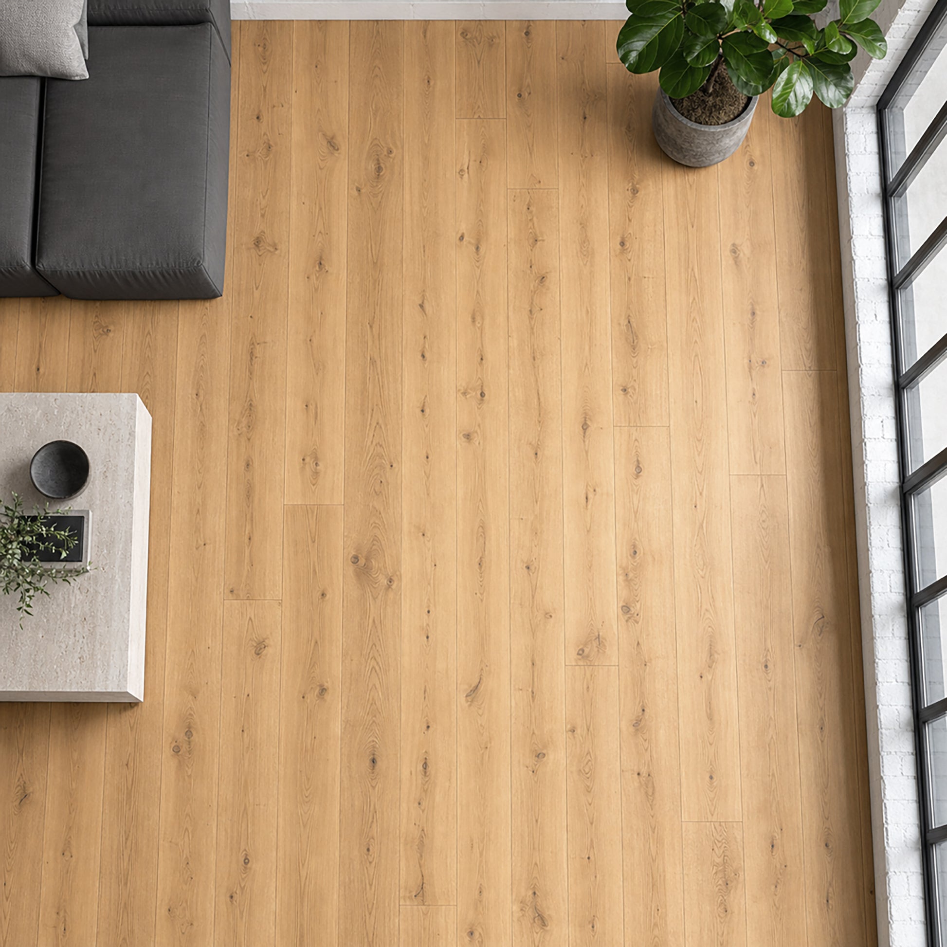 Elevated view of a Character Oak Matt Lacquered 190mm engineered wood flooring in a living room setting.