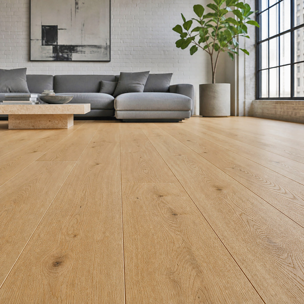 Character Oak Matt Lacquered 190mm engineered wood flooring in a living room setting.
