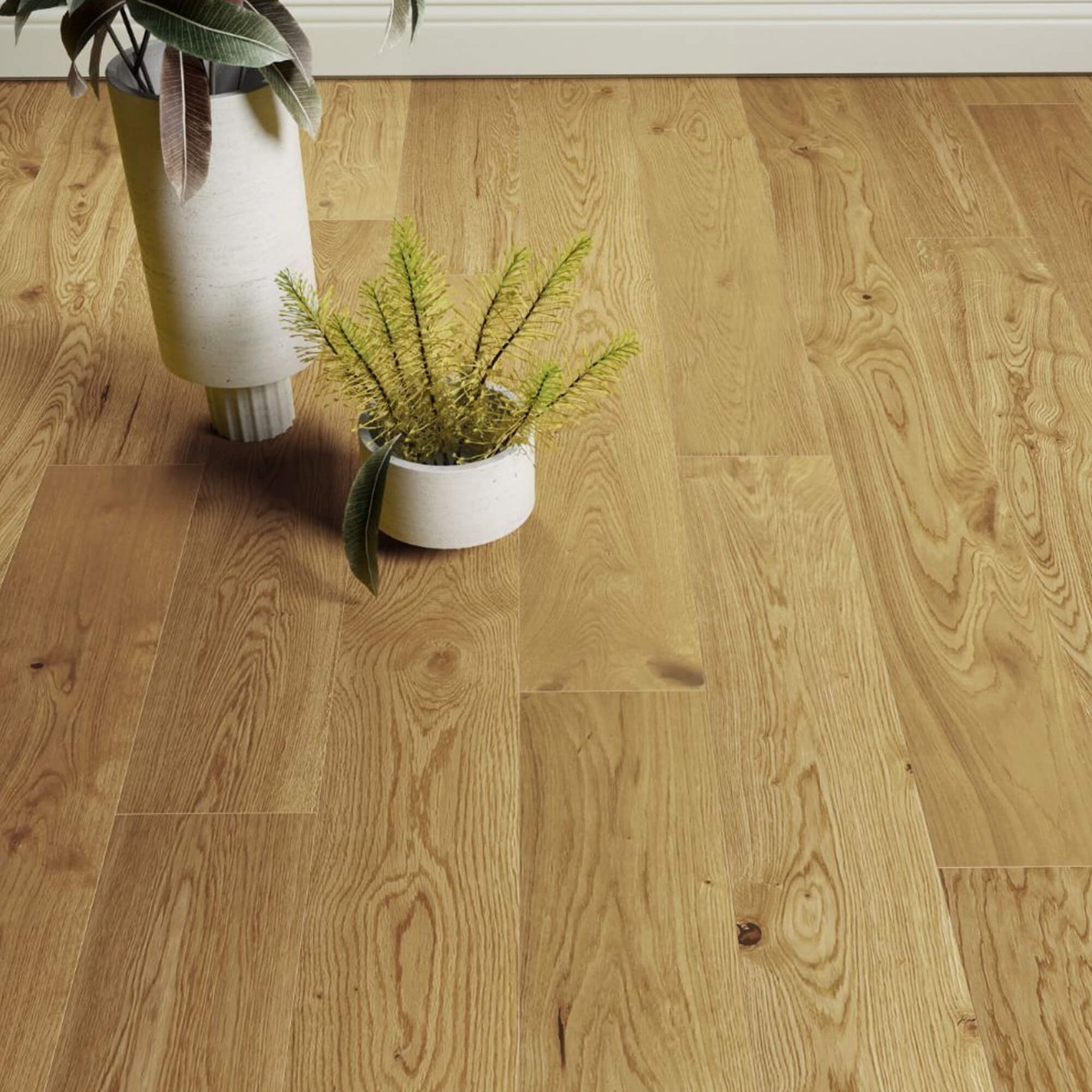 Character Oak Matt Lacquered Engineered Wood Flooring with two potted plants on a living room background.