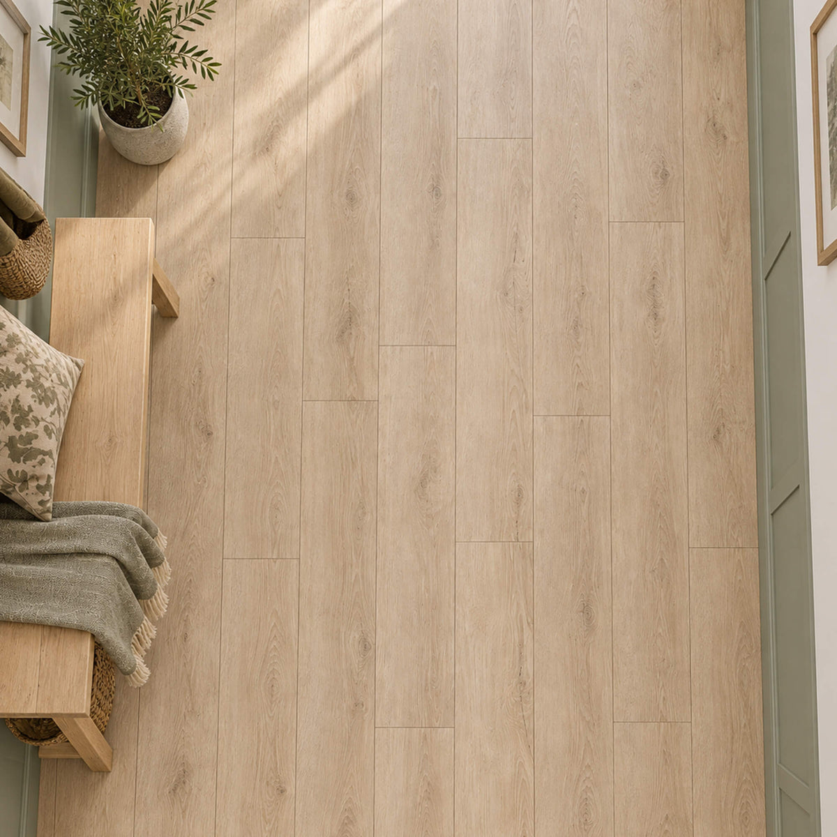 Elevated view of Coastal Oak Rigid LVT plank flooring in a interior hallway setting.
