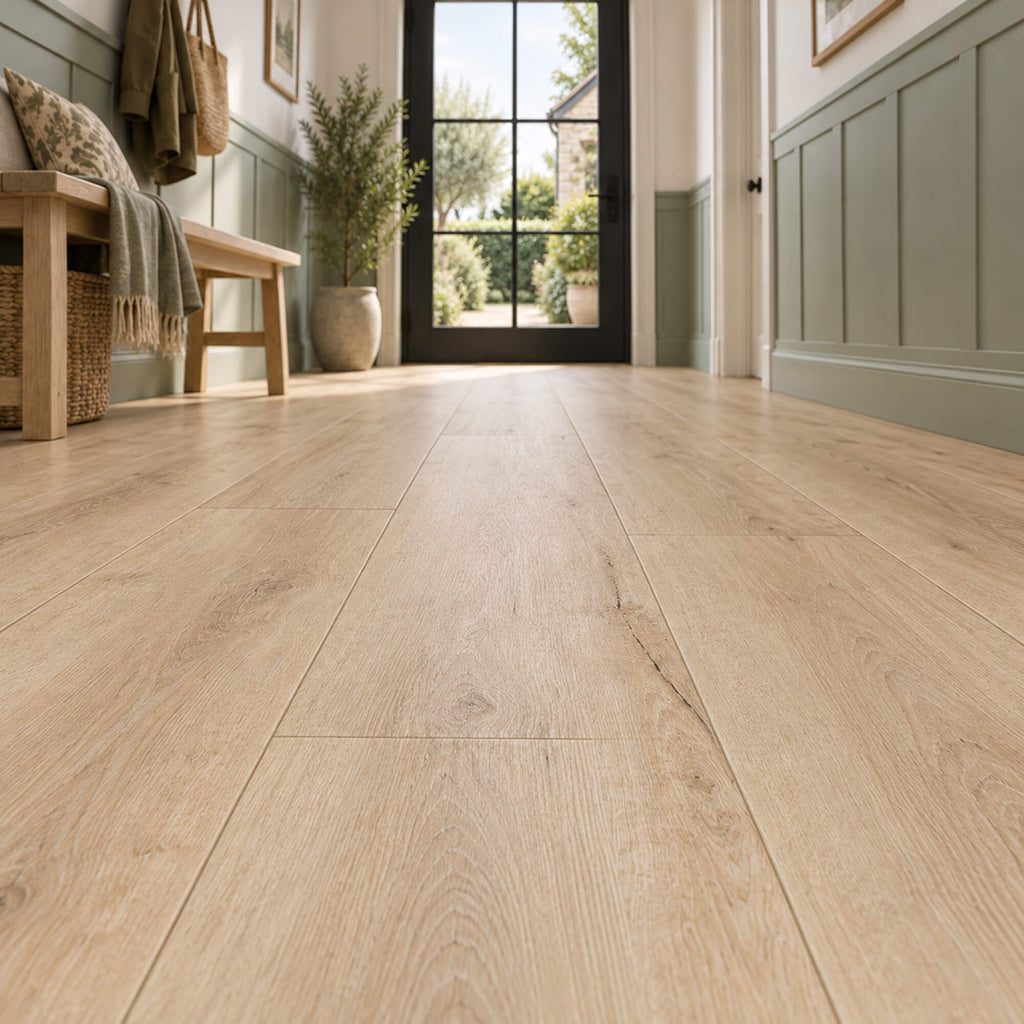Low view of Coastal Oak Rigid LVT plank flooring in a interior hallway setting.