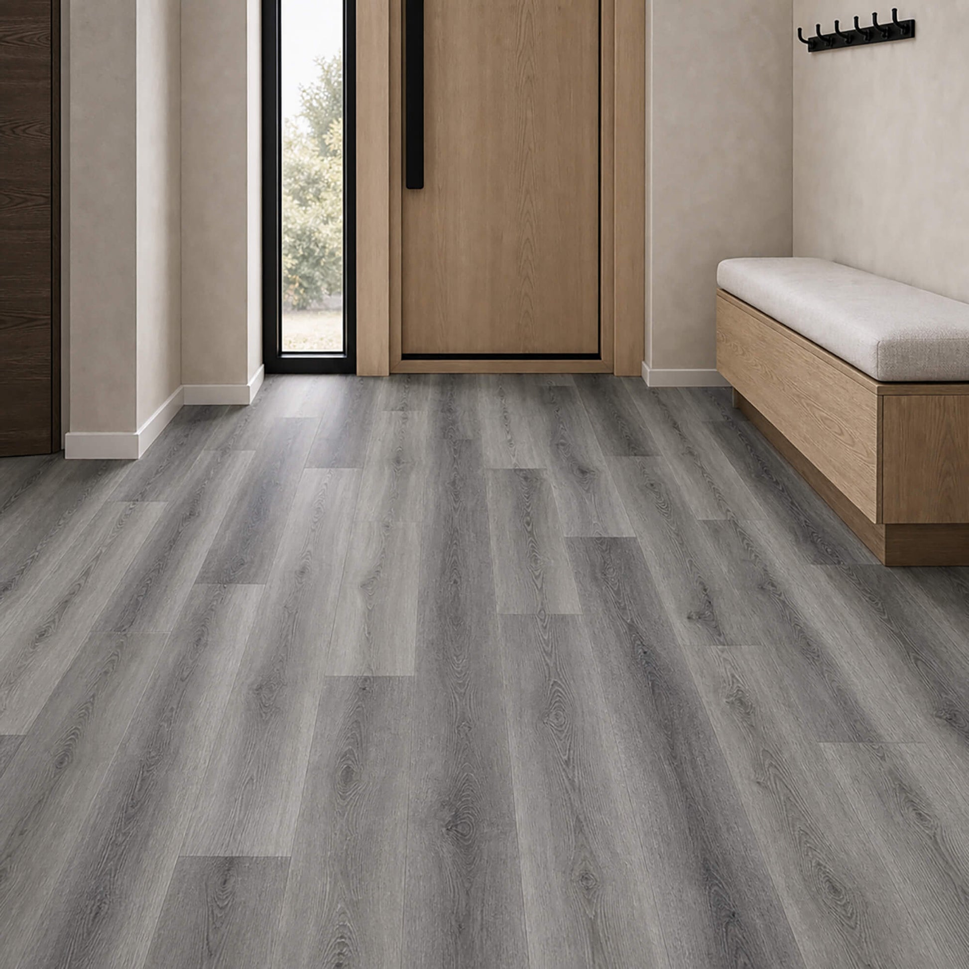 Conwy Grey Rigid LVT plank flooring in home hallway setting.