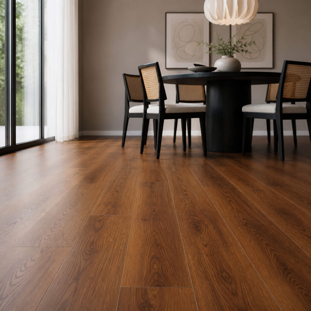 Deep Smoked Oak Prestige laminate flooring in a modern dining room setting.