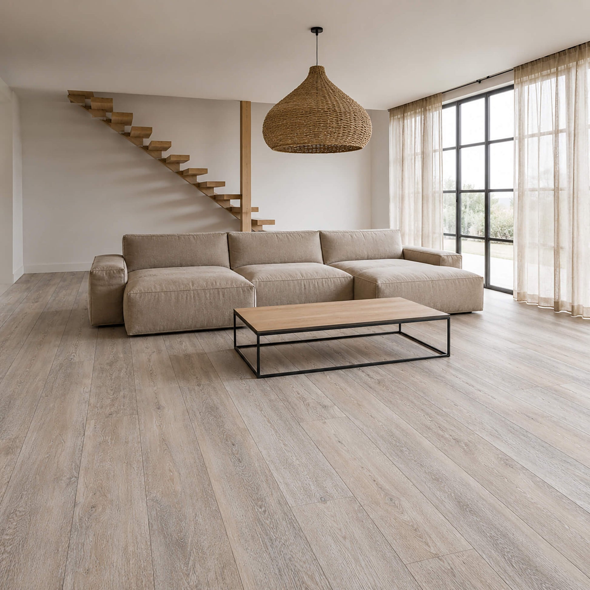 Modern living room with Driftwood Oak Rigid LVT super plank flooring.