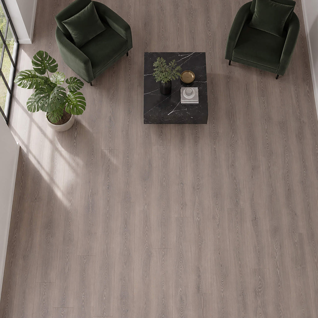 Elevated view of a waiting room setting with Everglades Oak Country laminate flooring.