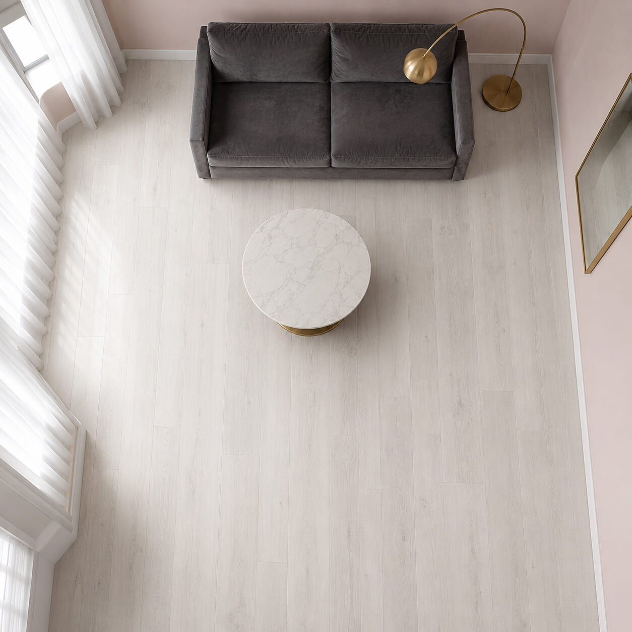 Elevated View of Fresco Pearl Super Gloss Laminate Flooring in a home living room setting.