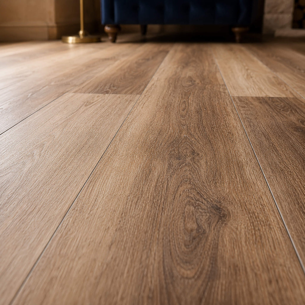 Close-up of Fumed Oak Rigid LVT flooring in a living room setting.