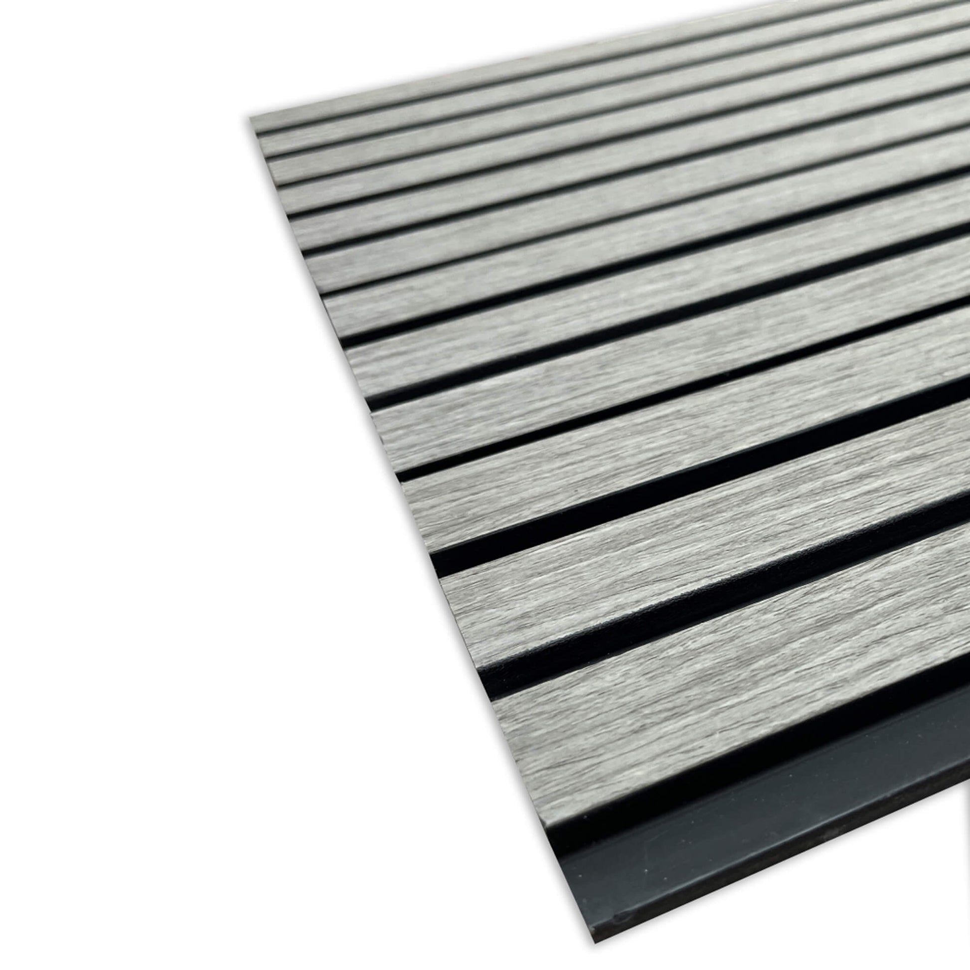 Close-up of Grey Aqua Slatwall Panelling on a white background