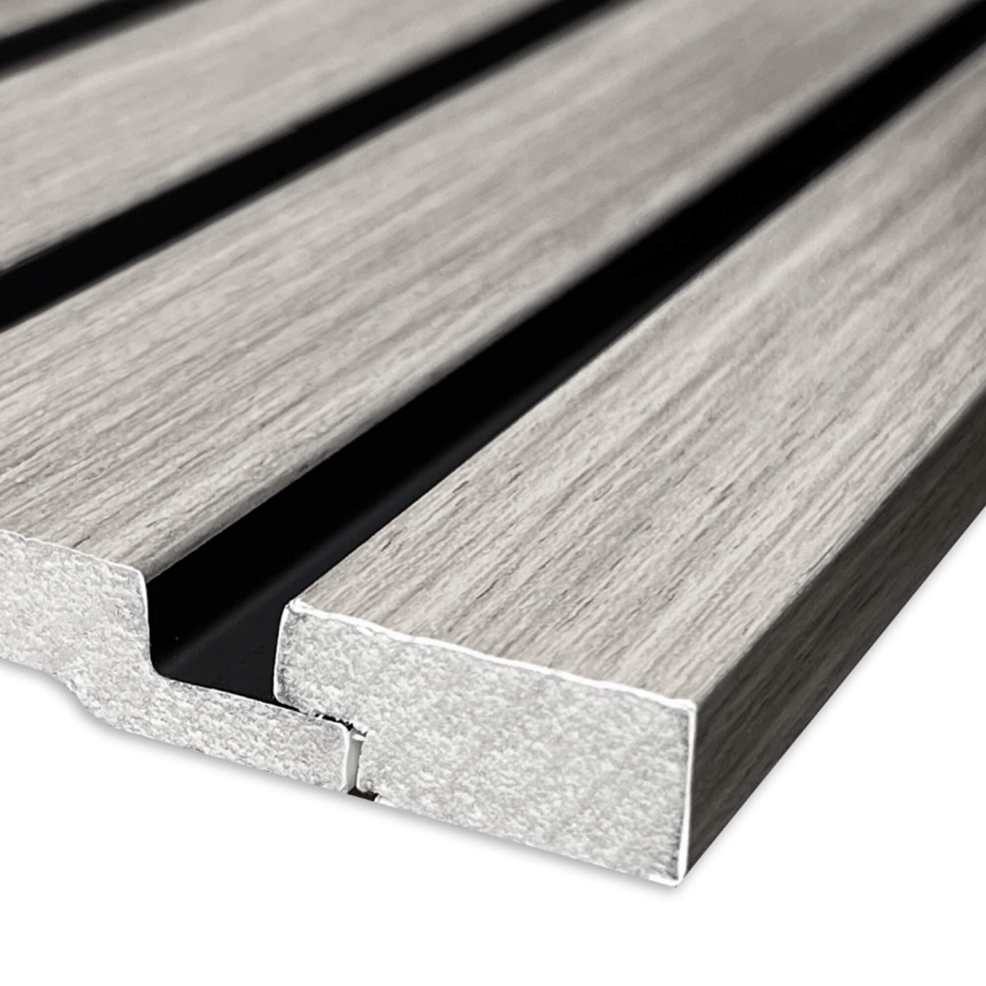 Close-up of a Grey Aqua Slatwall Left Trim  positioned in place on a slatwall panel on a white background.