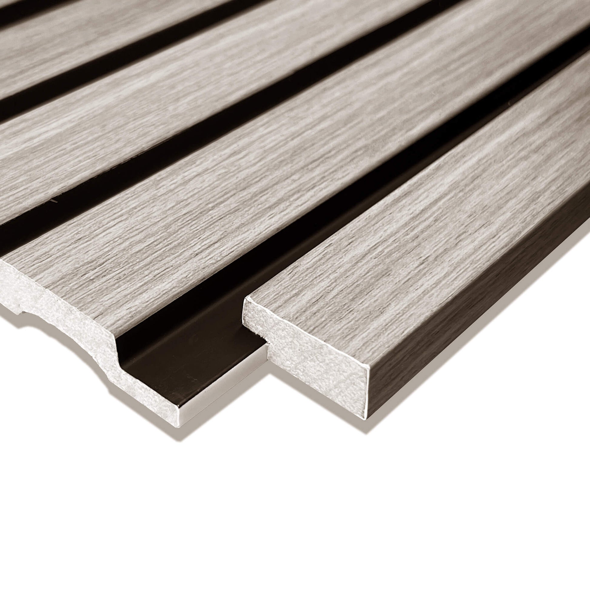 Close-up of a Grey Aqua Slatwall Left Trim being positioned in place on a white background.