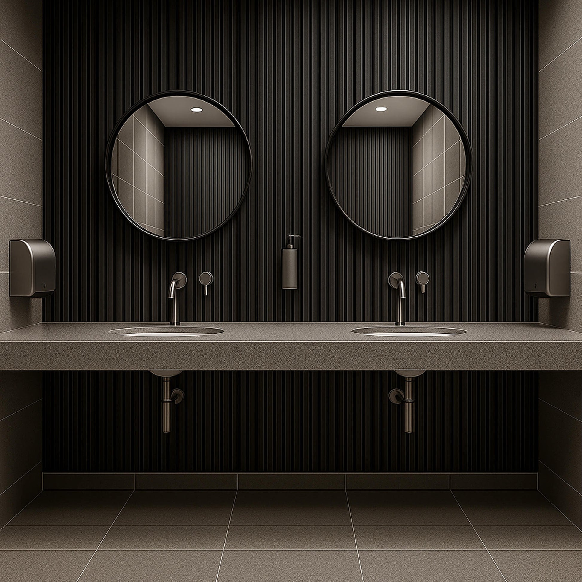 Bathroom with double sink vanity, round mirrors, and a Grey Aqua Slatwall Panelled Feature Wall.