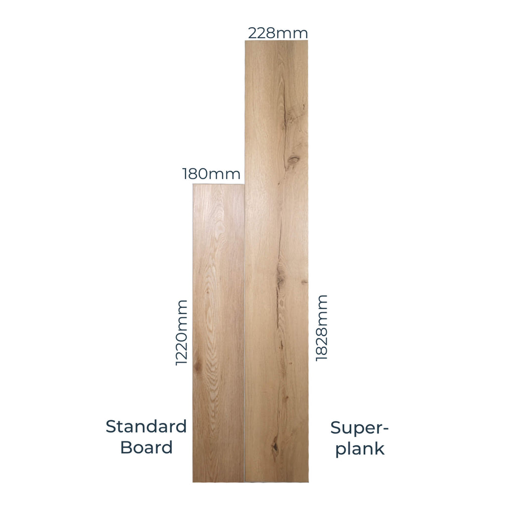 Comparison of standard board and a Heritage Oak Rigid LVT Flooring super plank dimensions on a white background.