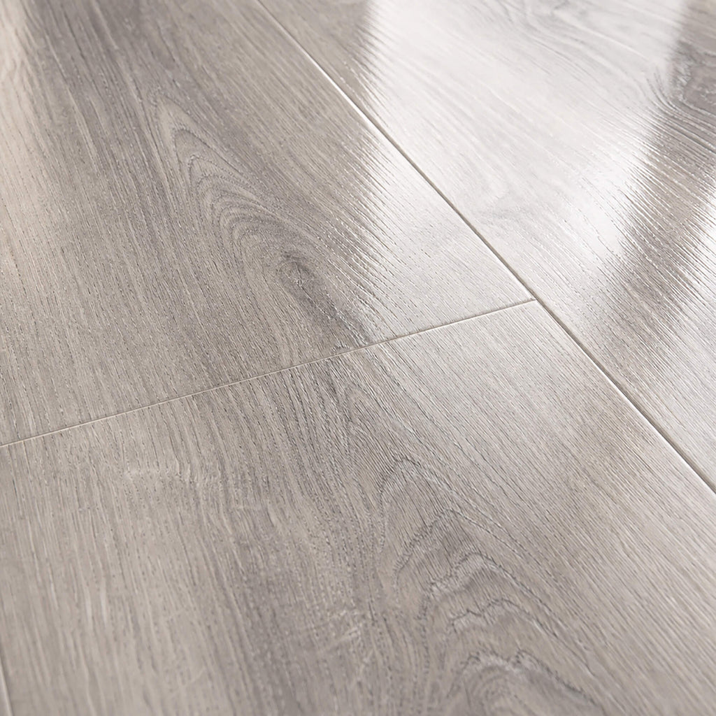 Close-up of Manhattan Grey super gloss laminate flooring.