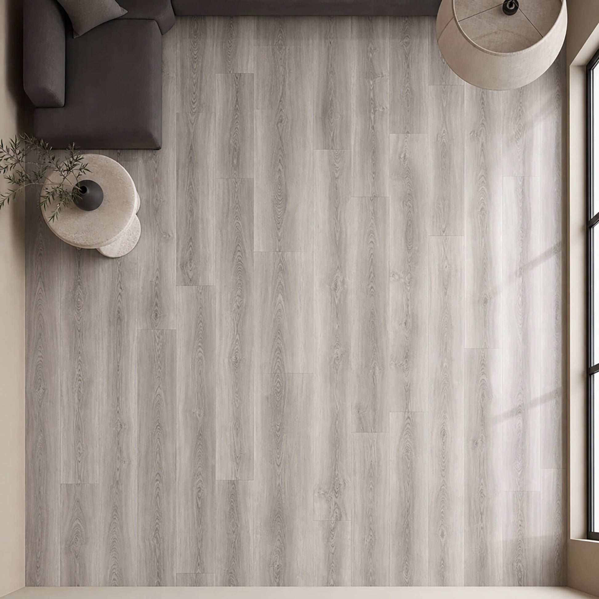 Elevated view of Close-up of Manhattan Grey super gloss laminate flooring in a living room setting.