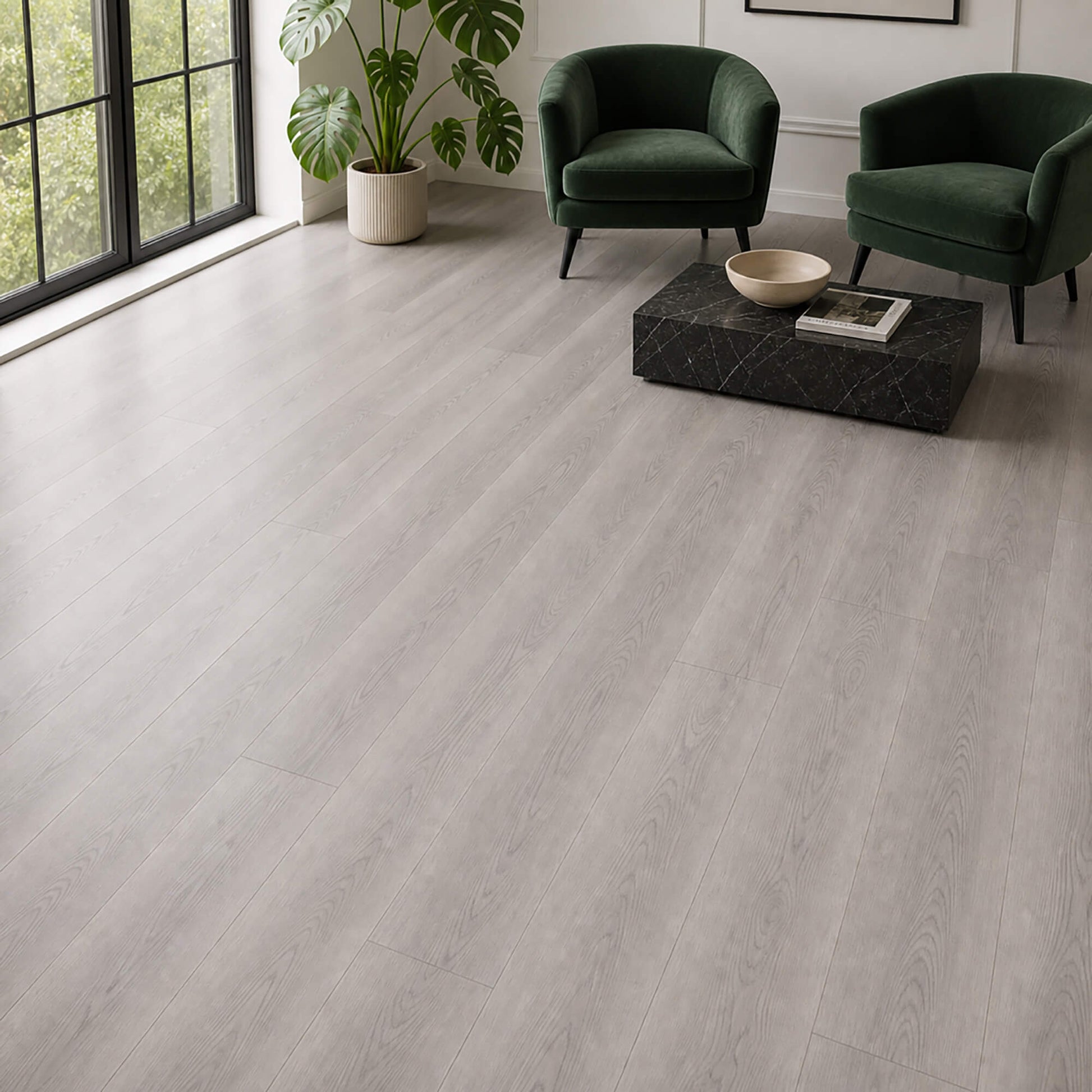 Misty Grey Prestige Plus laminate flooring in a modern living room setting.