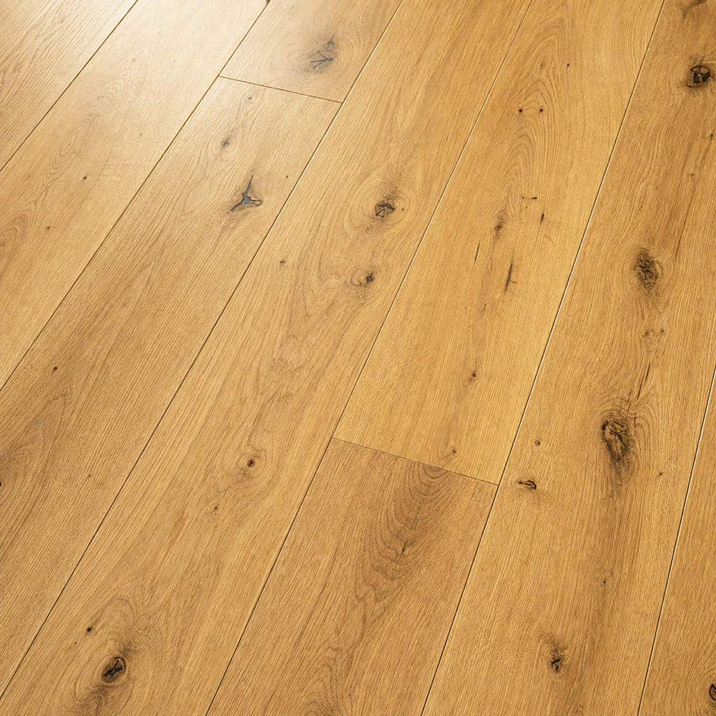 Close-up of Natural Oak Lacquered 150mm Engineered Wood Flooring with visible grain and texture.