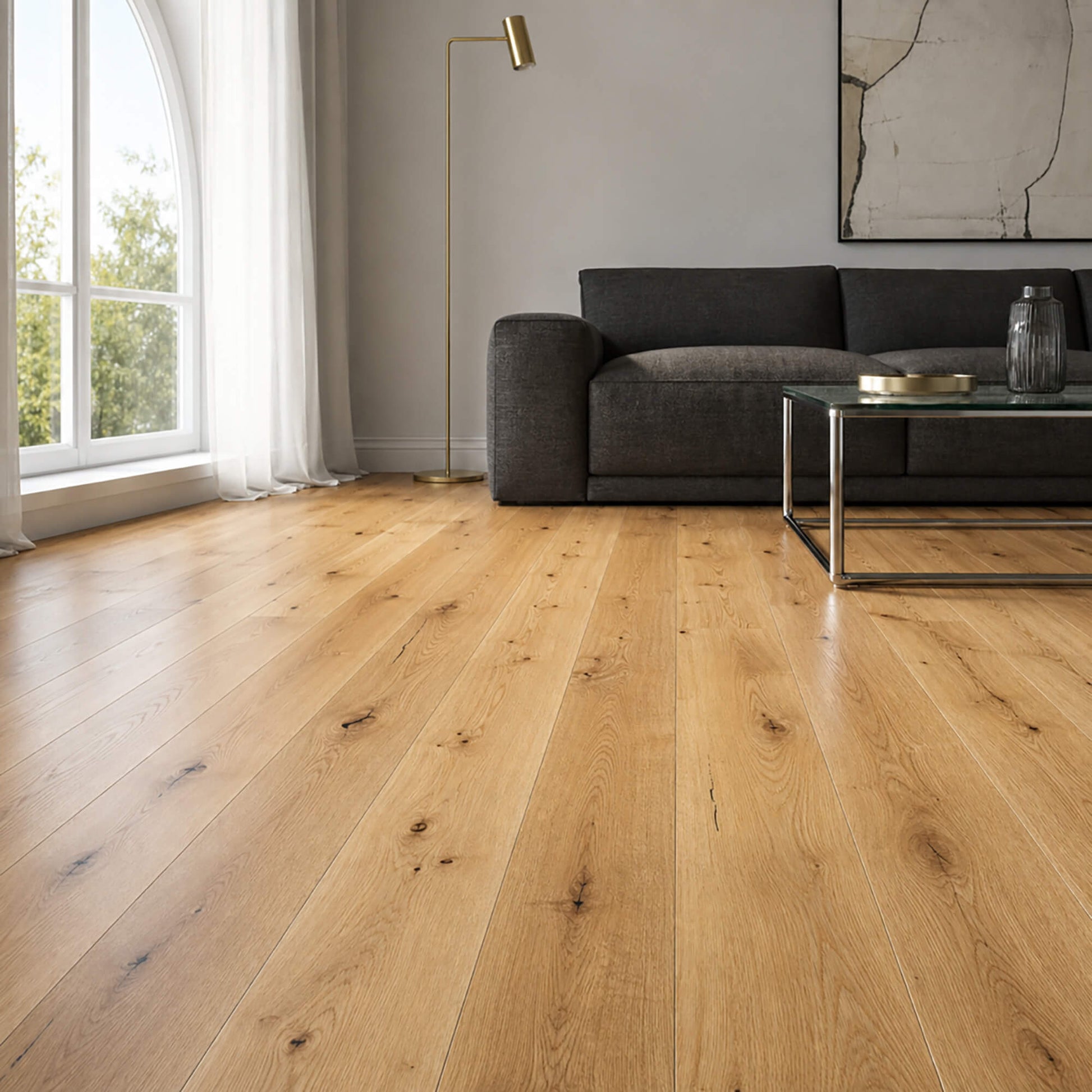 Natural Oak Lacquered 150mm engineered wood flooring in a modern living room setting.