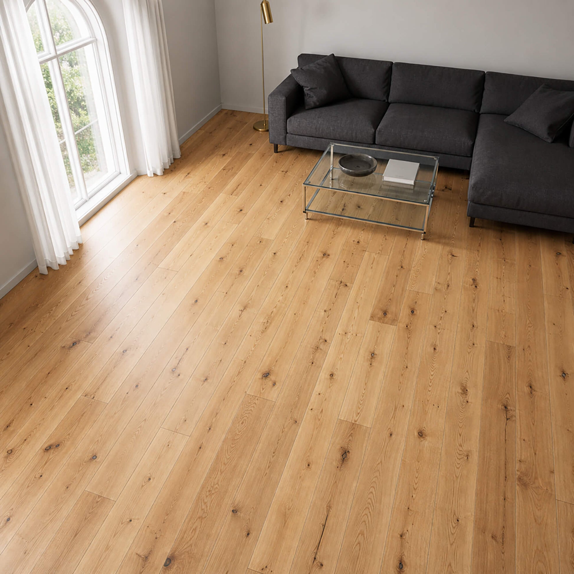 Natural Oak Lacquered 150mm engineered wood flooring in a living room setting.