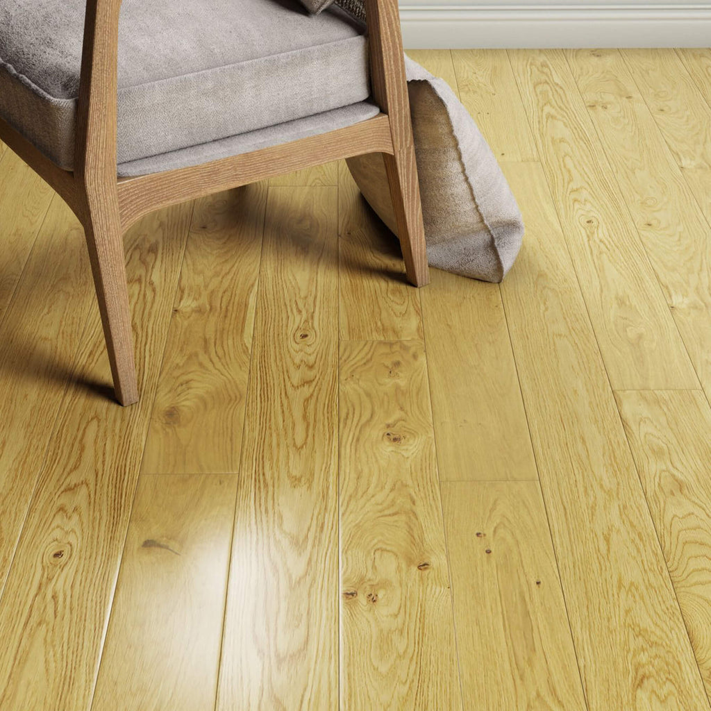 Natural Oak Lacquered 150mm Engineered Wood Flooring with a chair and rolled-up rug in the background