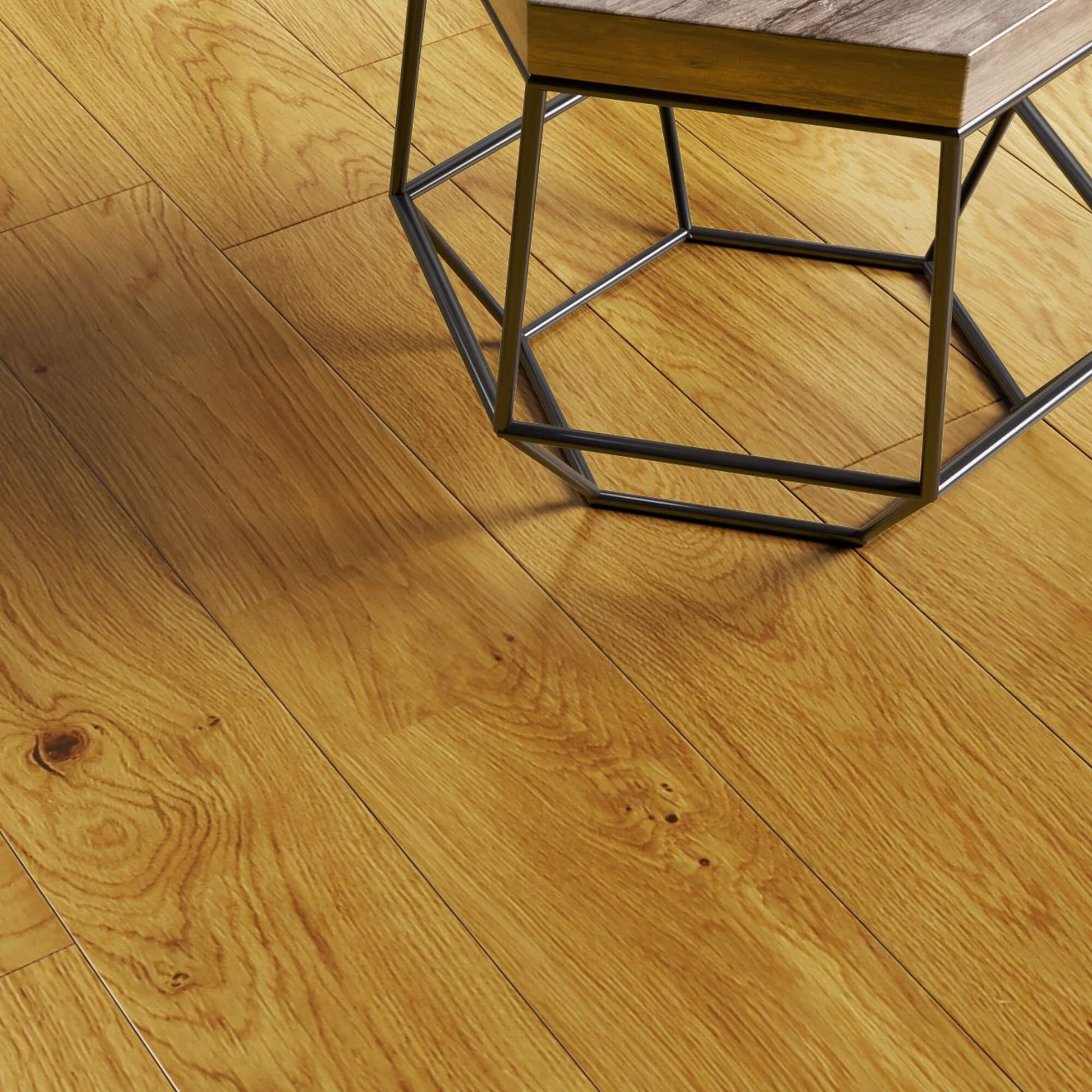 Close-up of Natural Oak Timberclick Lacquered 120mm Engineered Wood Flooring with a geometric metal stool