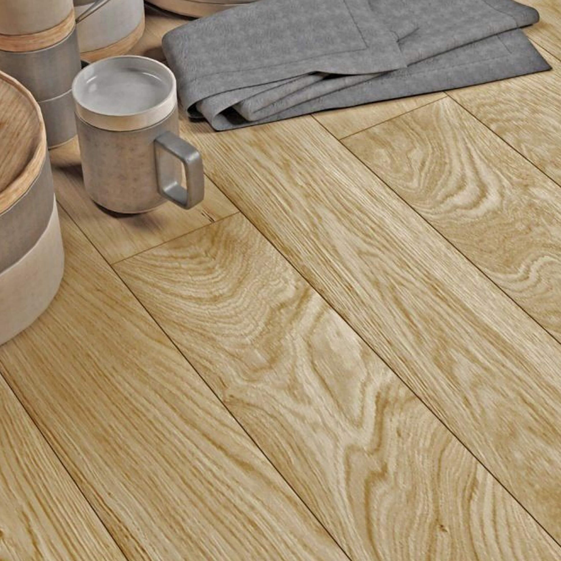 Natural Oak UV Oiled Engineered Wood Flooring with a mug and folded towel on top