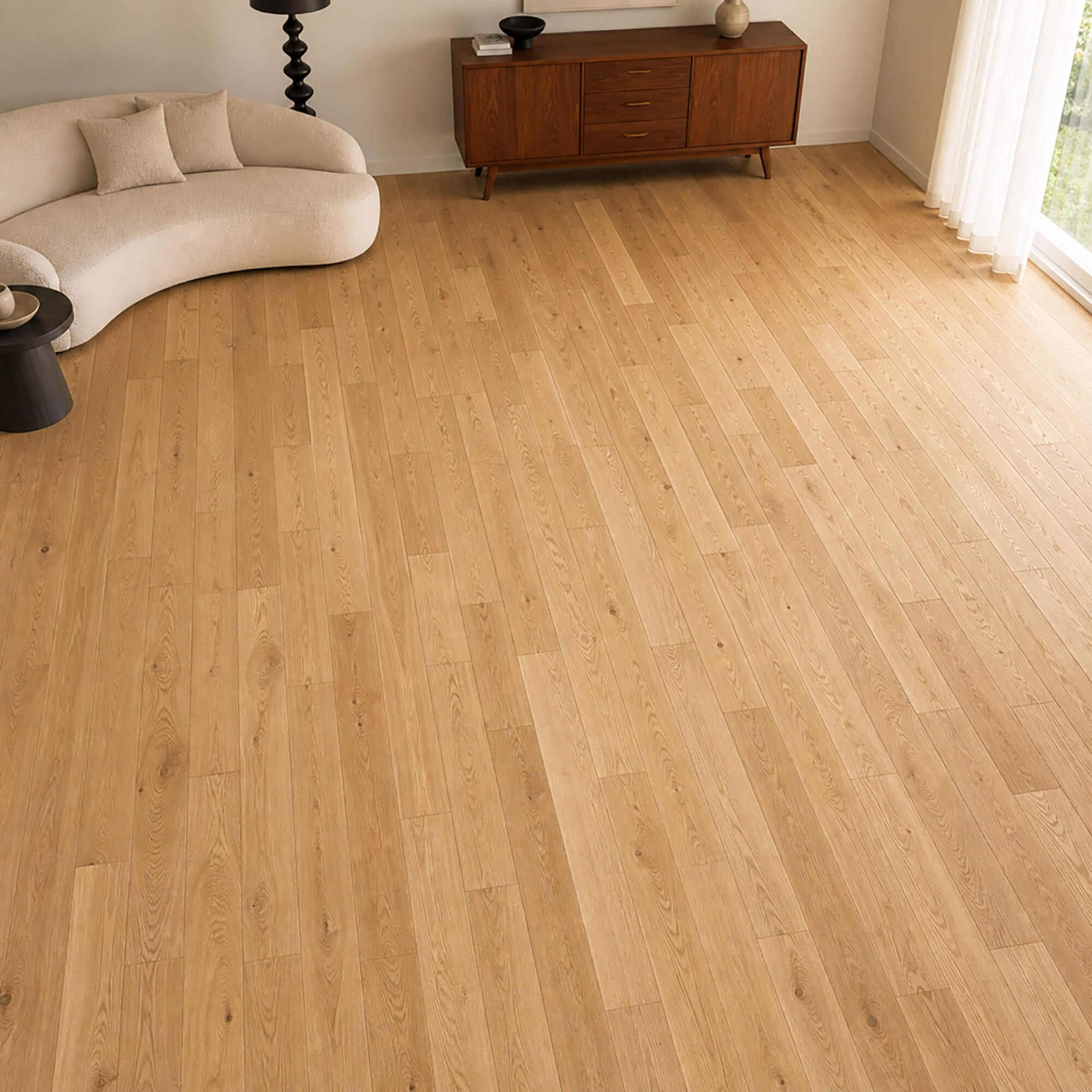 Natural Oak UV Oiled engineered wood flooring in a living room with a sofa and sideboard.