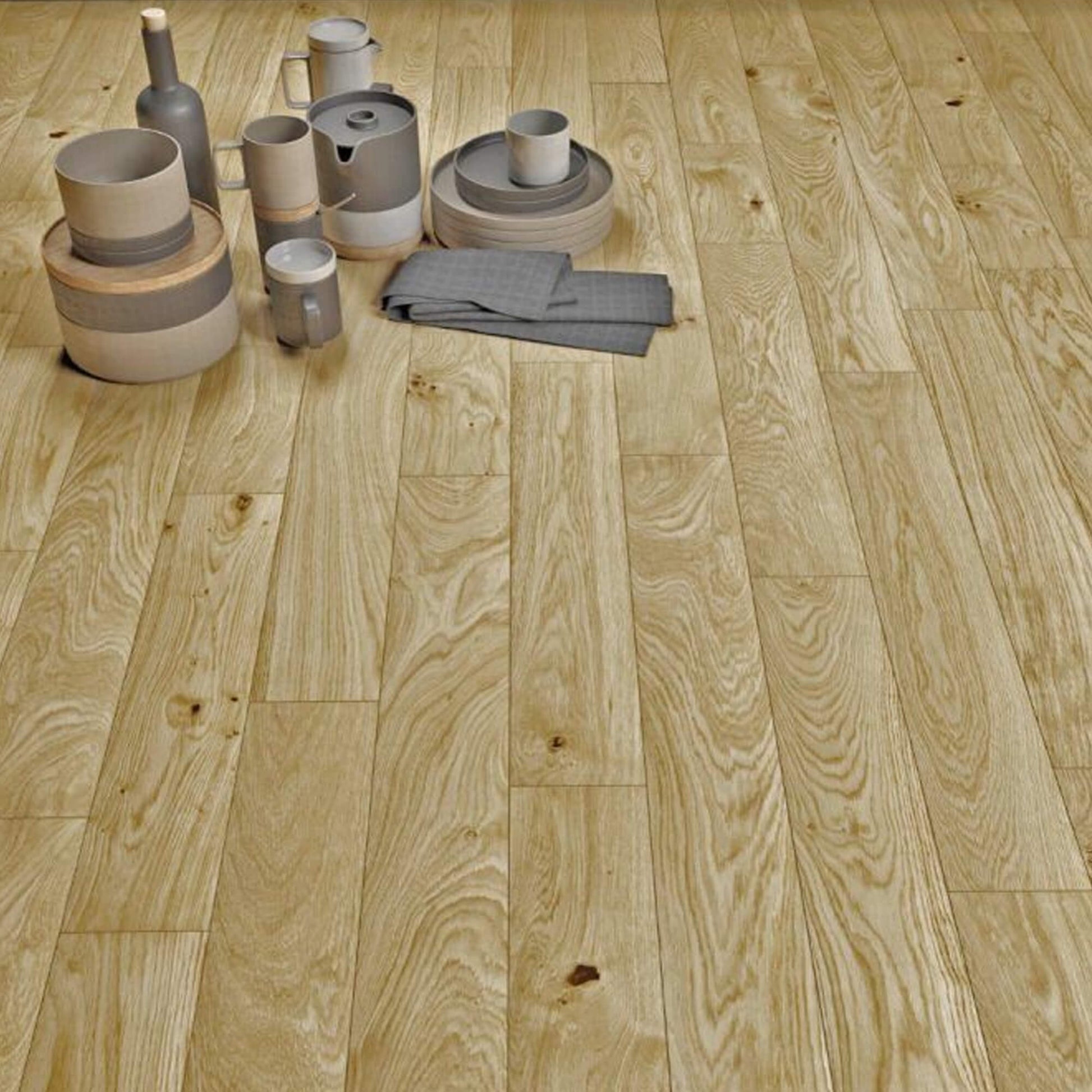 Set of ceramic cups and bowls on a Natural Oak UV Oiled 125mm Engineered Wood Flooring