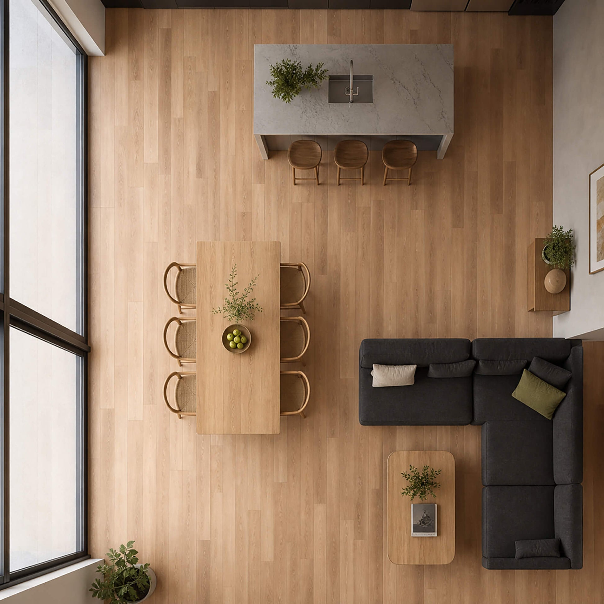 Elevated view of New England LVT plank flooring in a home interior setting.