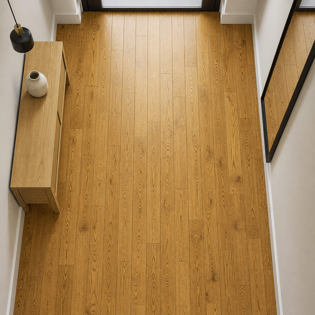 Elevated view of a Nutmeg Oak Lacquered 125mm Engineered Wood Flooring in a hallway setting.