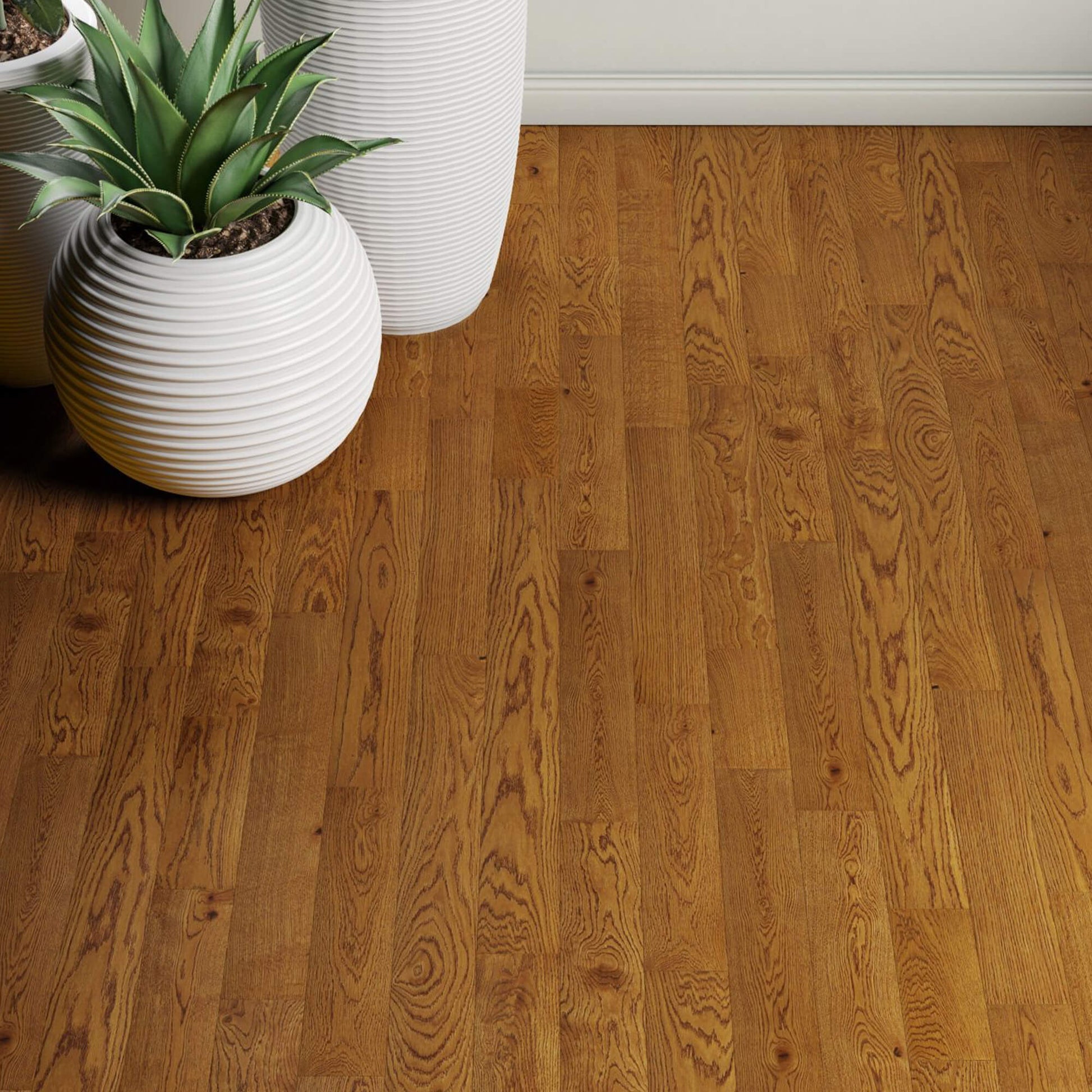 Nutmeg Oak Lacquered Engineered Wood Flooring with a potted plant in the foreground