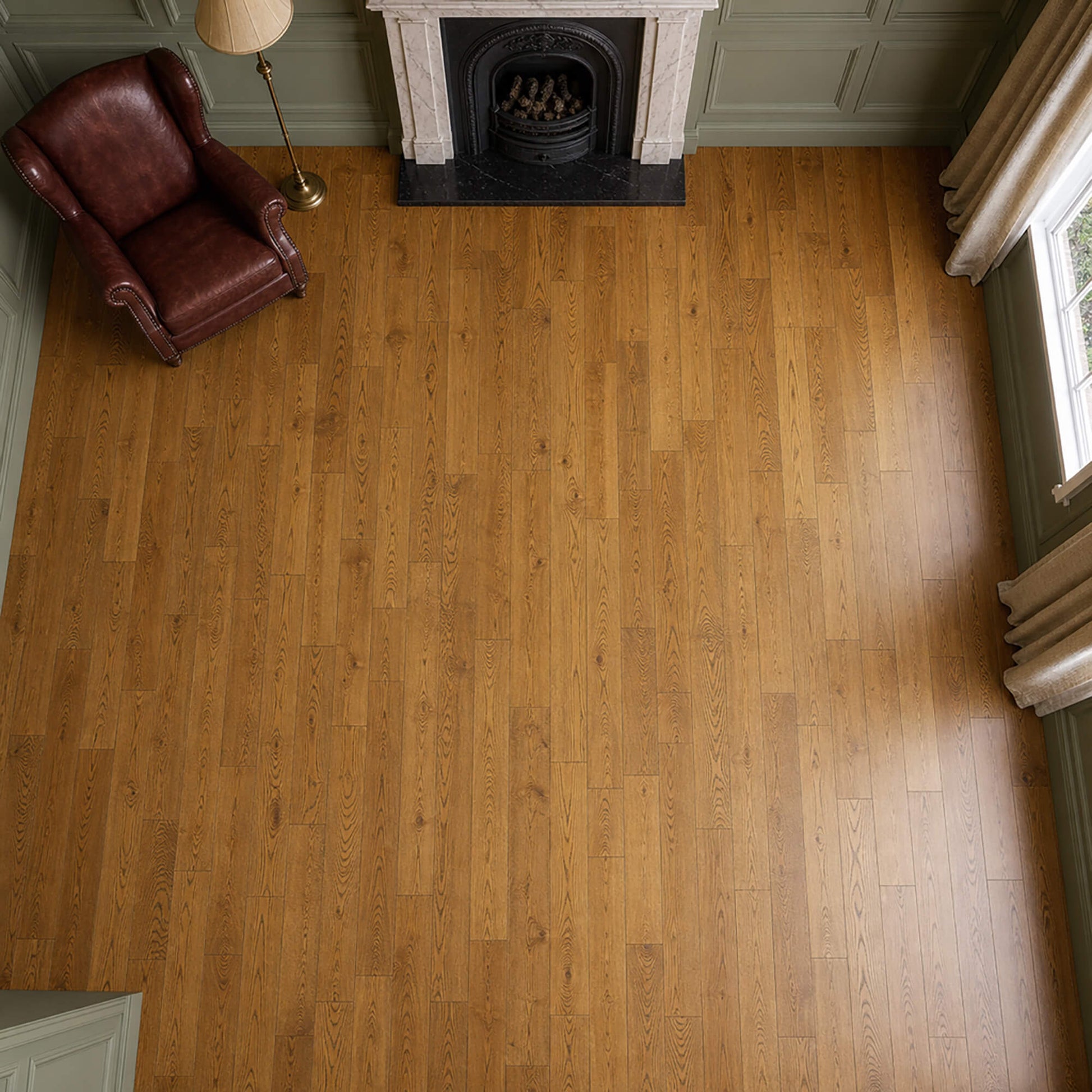 Elevated view of a Nutmeg Oak UV Oiled 125mm Engineered Wood Flooring in a vintage living room setting.