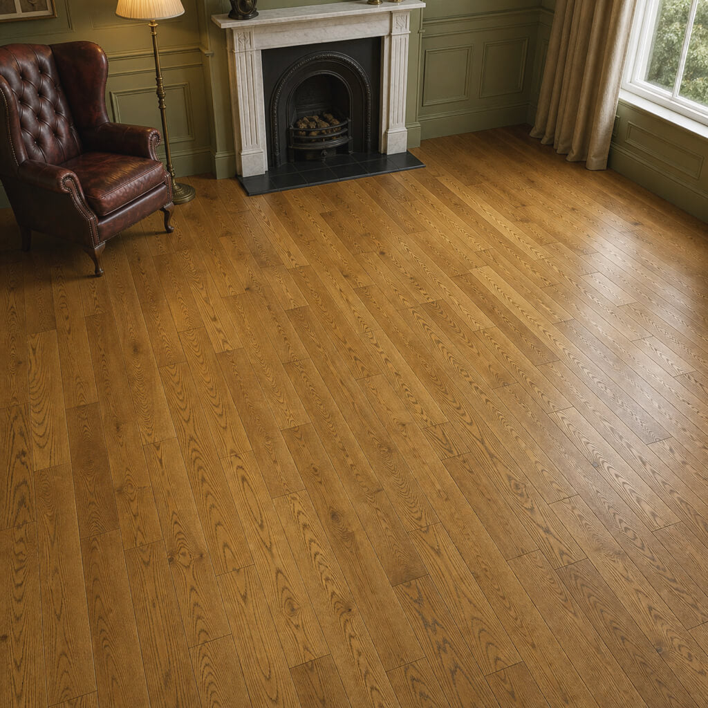 Nutmeg Oak UV Oiled 125mm Engineered Wood Flooring in a vintage living room setting.
