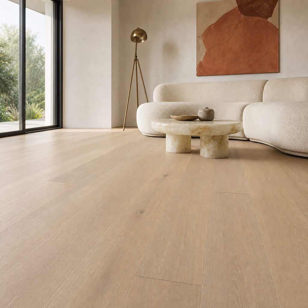 Modern living room with Potters Grey Oak Matt Lacquered 190mm engineered wood flooring, neutral furniture, and large windows.