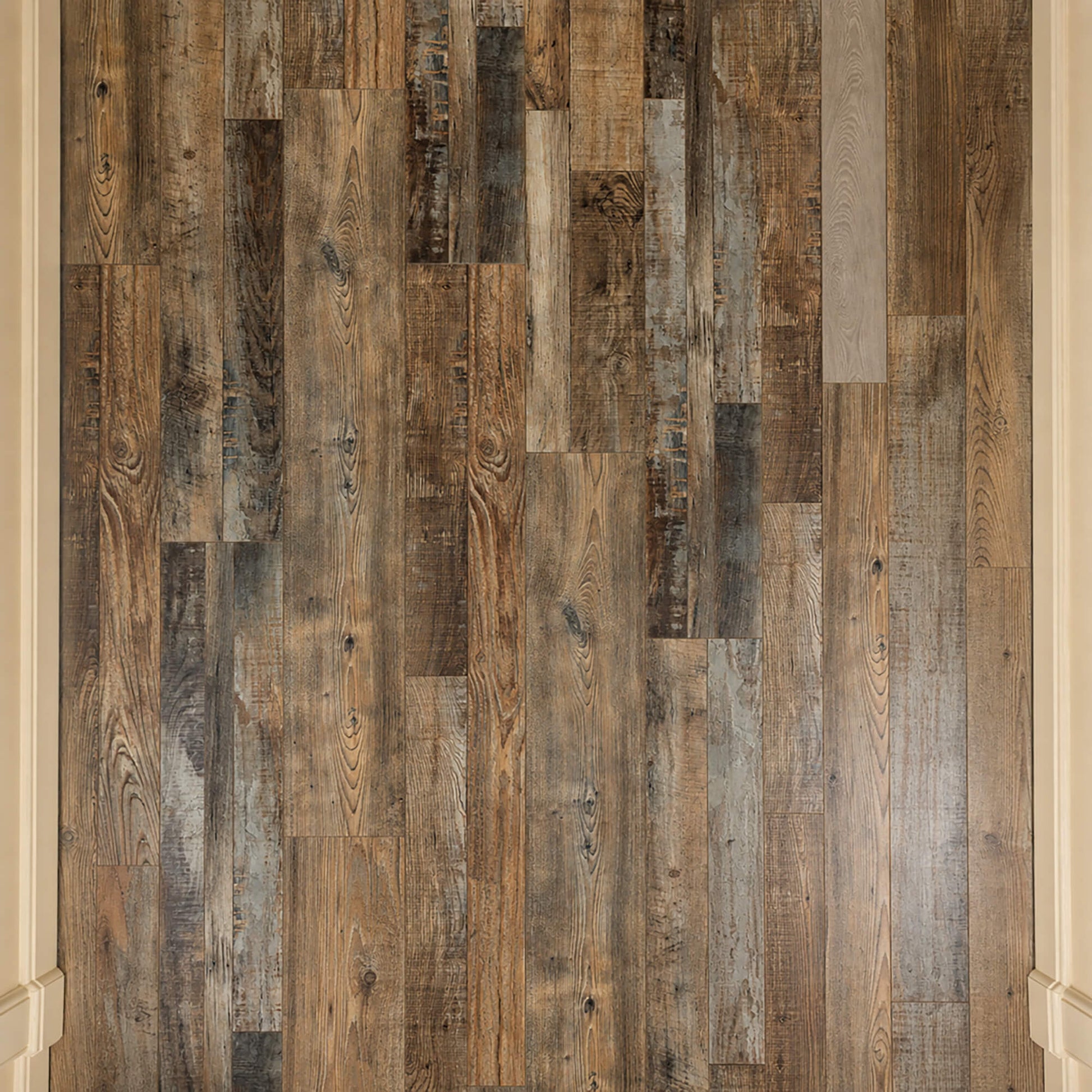 Elevated view of Reclaimed Oak Country laminate flooring in a hallway setting.