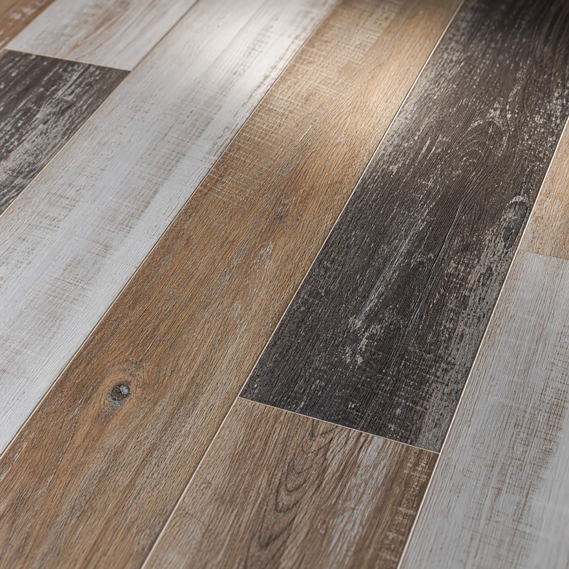 Close-up of Reclaimed Oak rigid LVT plank flooring.