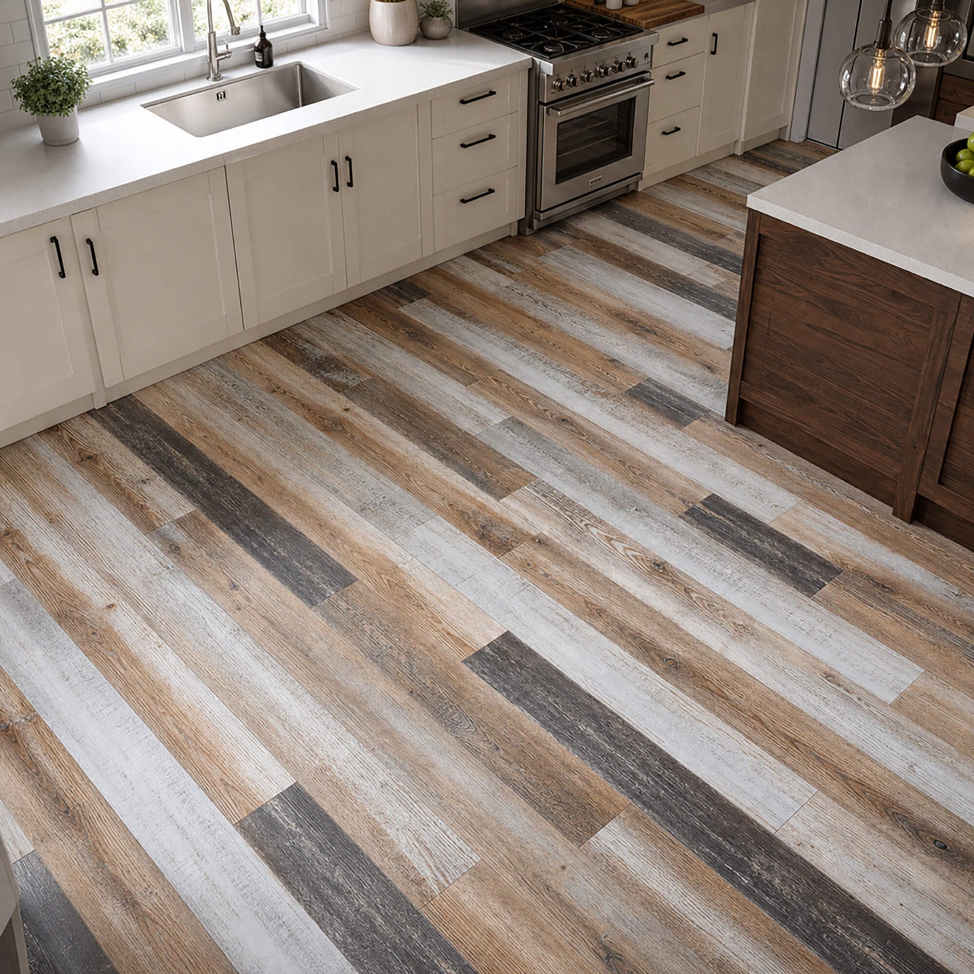 Reclaimed Oak rigid LVT plank flooring in a modern home kitchen setting.