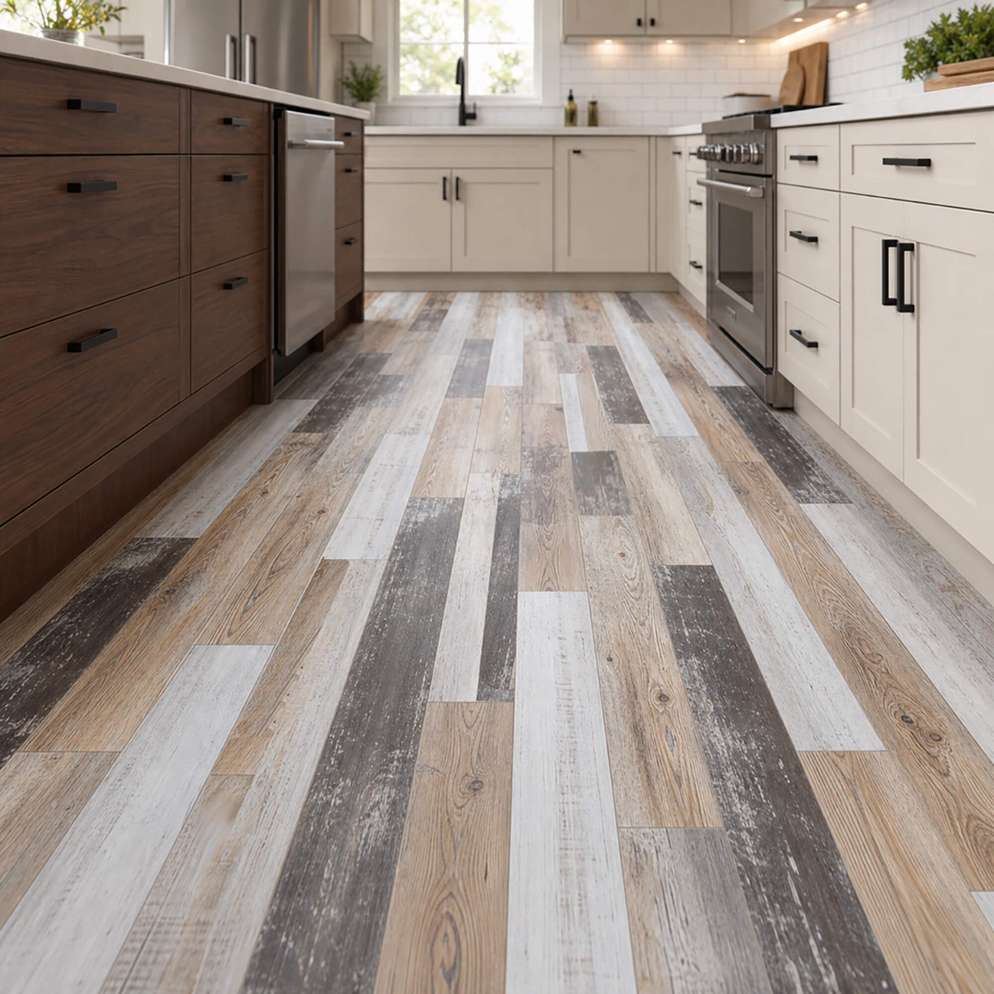 Reclaimed Oak rigid LVT plank flooring in modern kitchen setting.