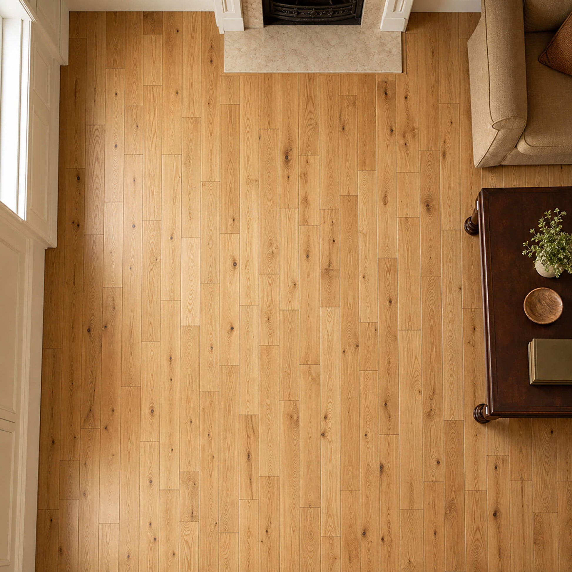 Elevated view of a Rustic Oak Lacquered 125mm engineered wooden floor in a living room setting.