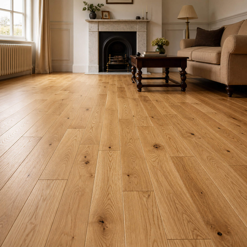 Rustic Oak Lacquered 125mm engineered wooden flooring in a living room with a fireplace and sofa.