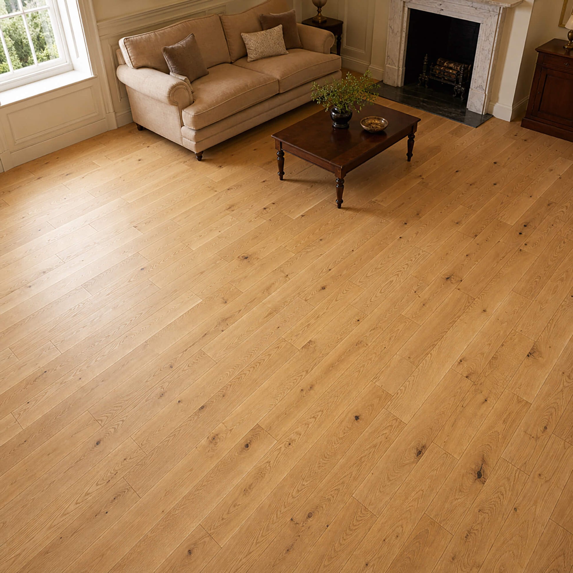 Living room with Rustic Oak Lacquered 125mm Engineered Wood Flooring, a sofa, and a coffee table.
