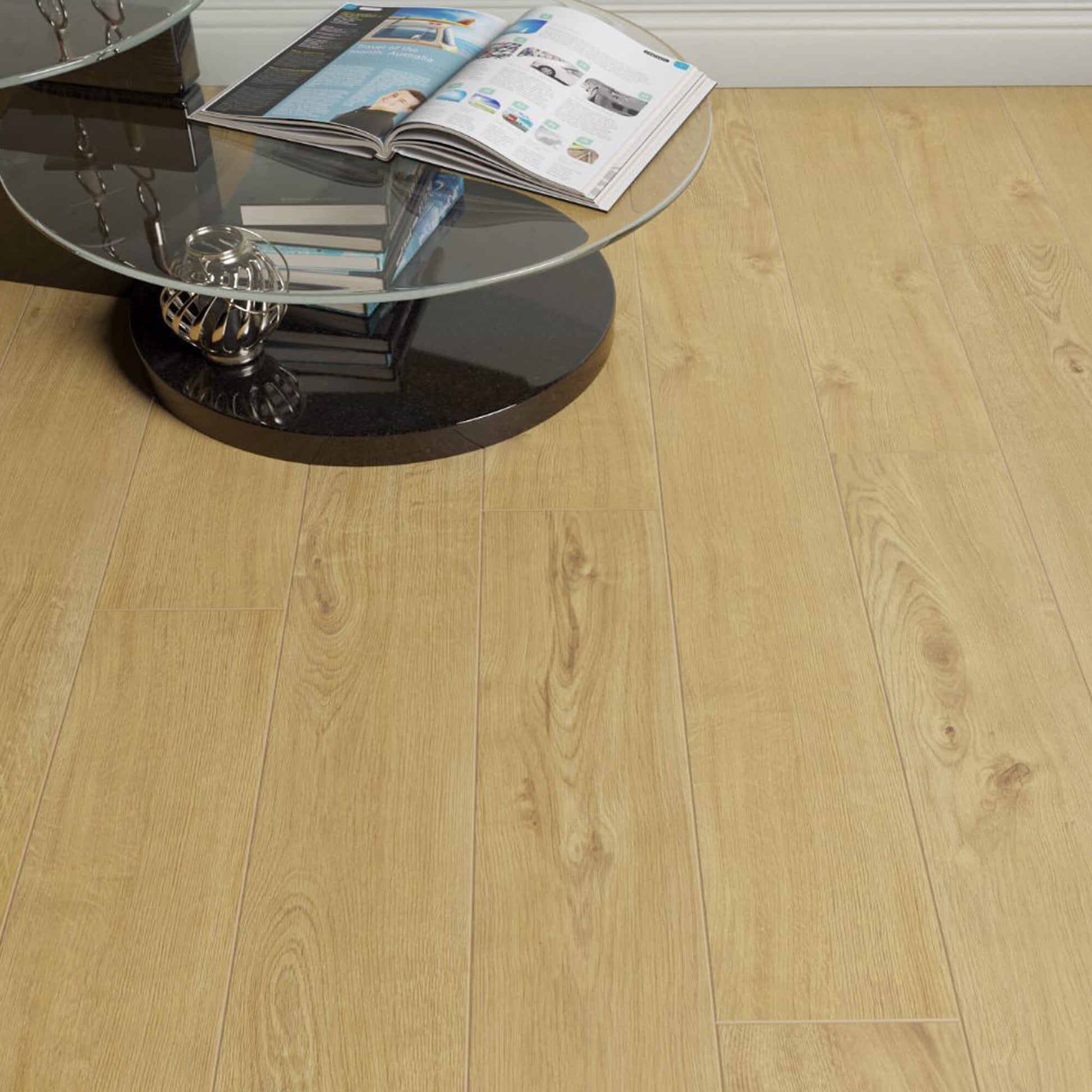 Sherwood Oak Laminate Flooring in a living room setting with a small table in the corner.