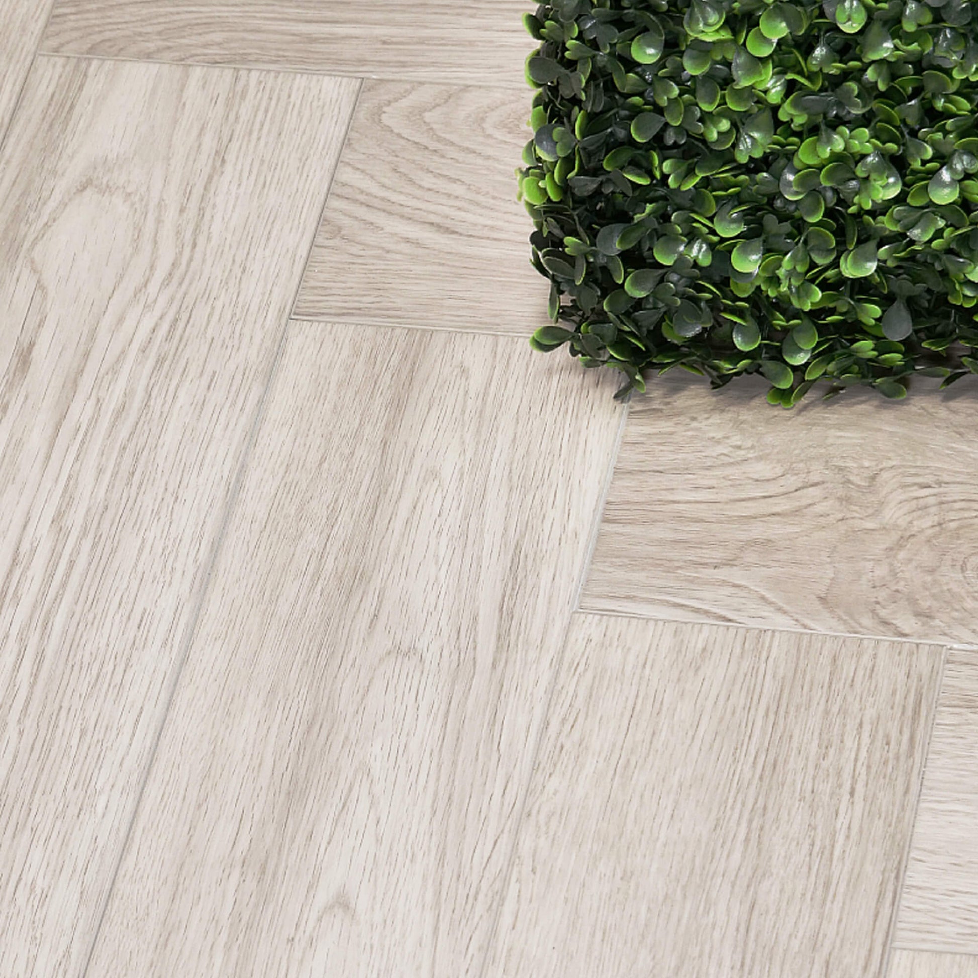 Close-up of Siberian Oak Rigid LVT Herringbone Flooring with a green plant in the corner.
